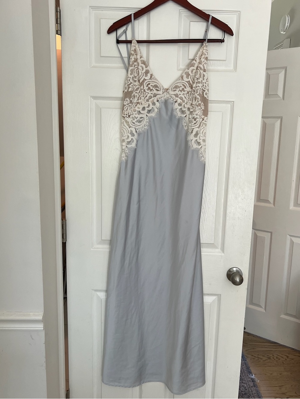 Homebodii Womens XL Ice Blue Satin Charmeuse Floral Lace V-Neck Maxi Slip Dress